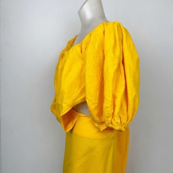 FARM RIO OFF THE SHOULDER KNOTTED CUTOUT MARIGOLD YELLOW MIDI DRESS MEDIUM - Picture 3 of 14